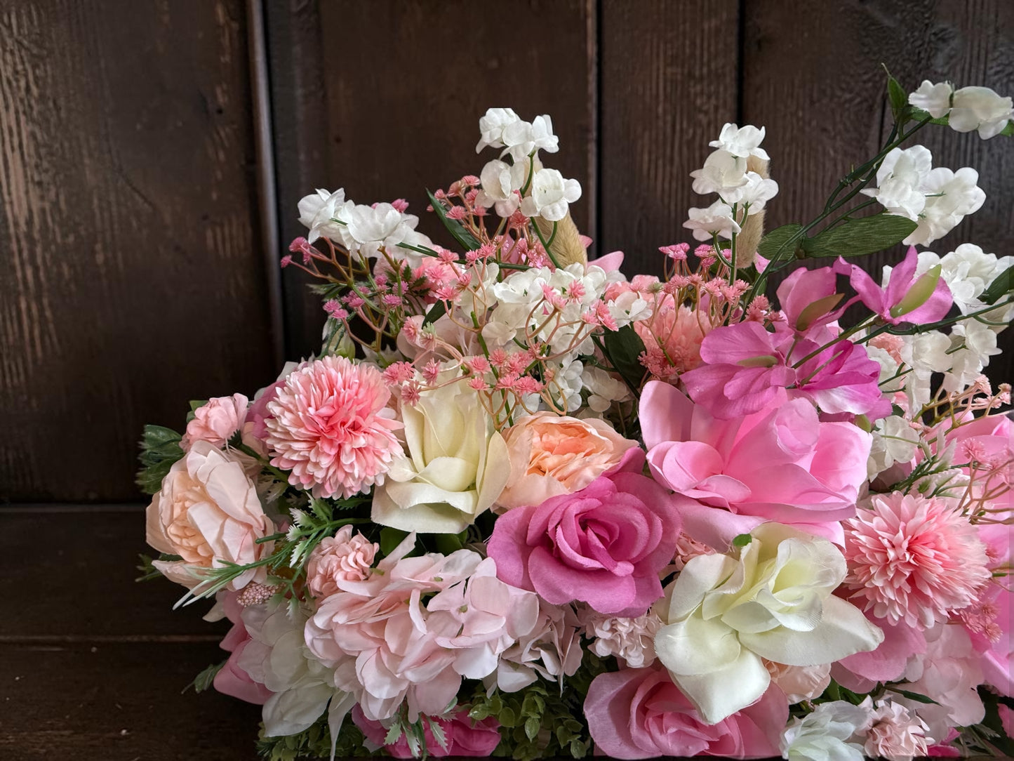 Faux Pink Floral Arrangement in Wooden Box, Artificial Flower Decor, 28" x 21" (Copy)