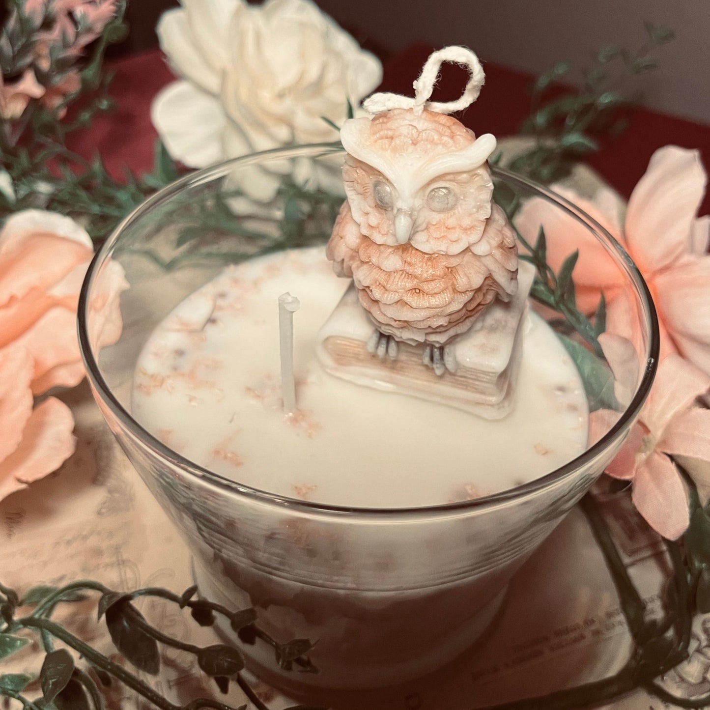 17 oz Owl Soy Candle with Dried Flowers and Mica.