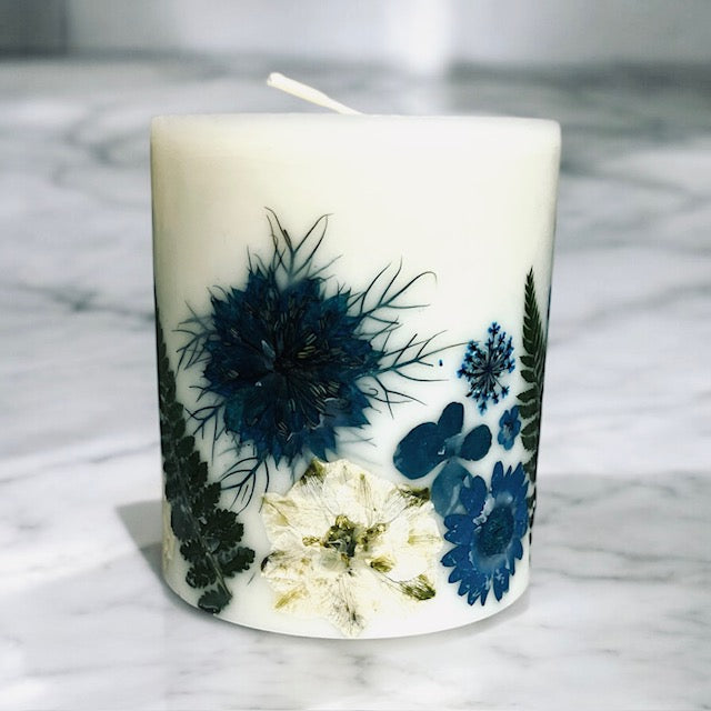 Blue Pressed Flower Botanical Pillar Candle