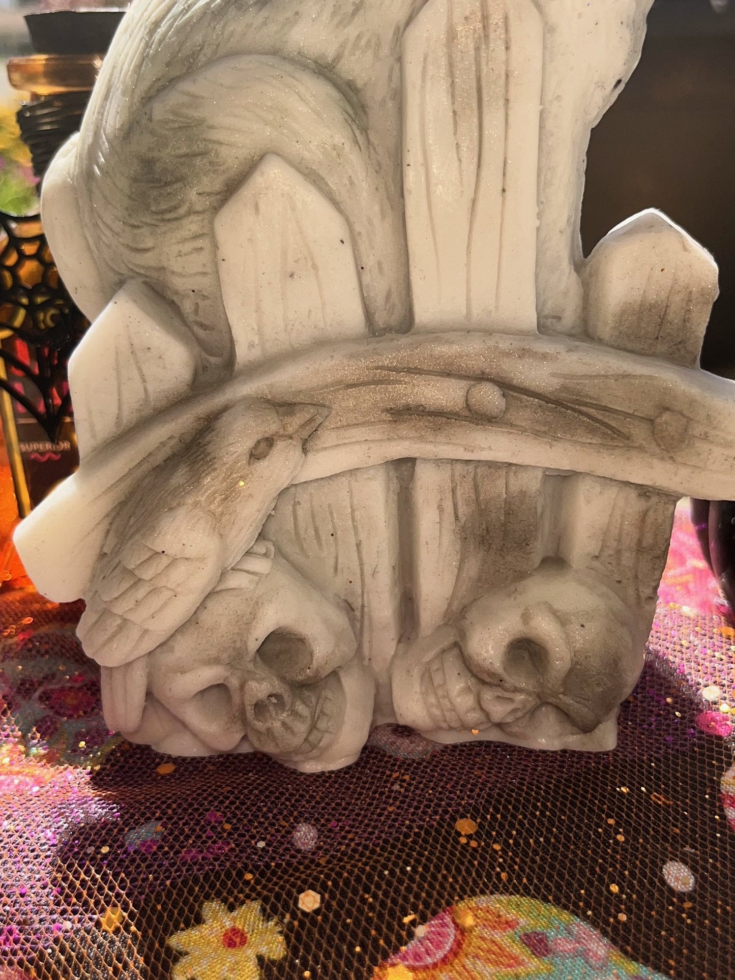 6.5" Large Halloween Candle with Cat and Skulls. Halloween spooky gift.