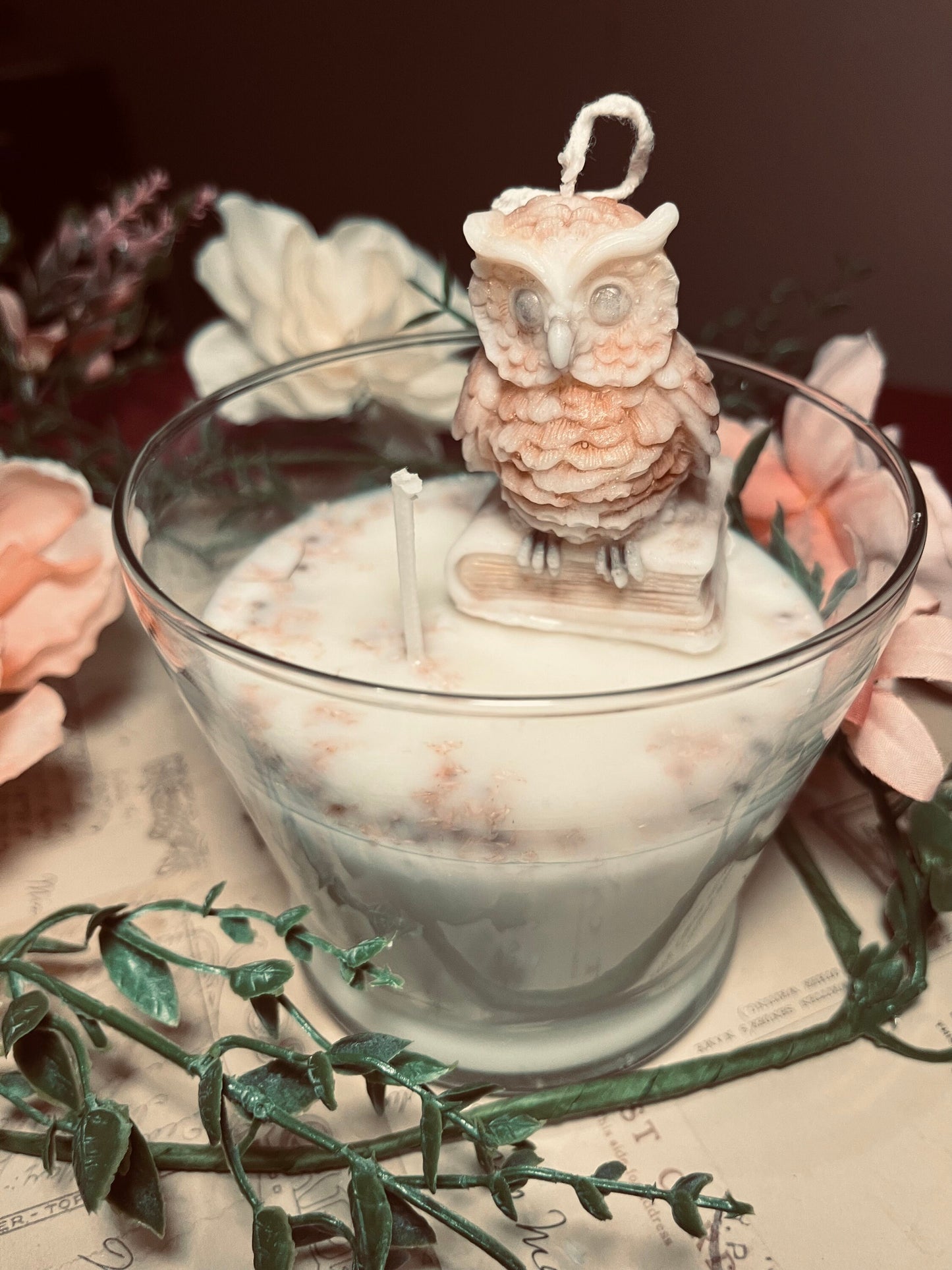Owl Soy Candle with Dried Flowers and Mica - 17 oz Fall Candle.
