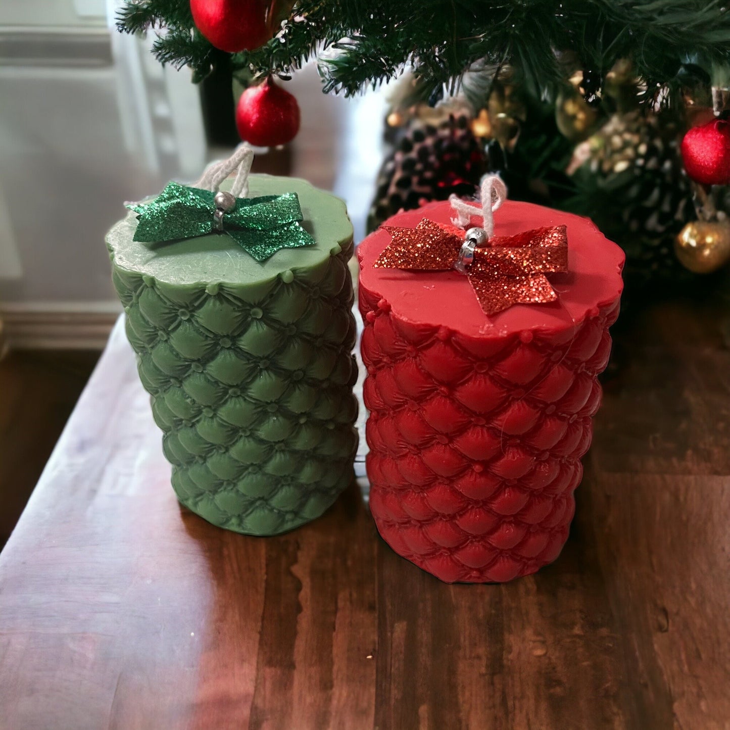 Festive Christmas Pillar Candle Set: Red and Green Faux Leather.