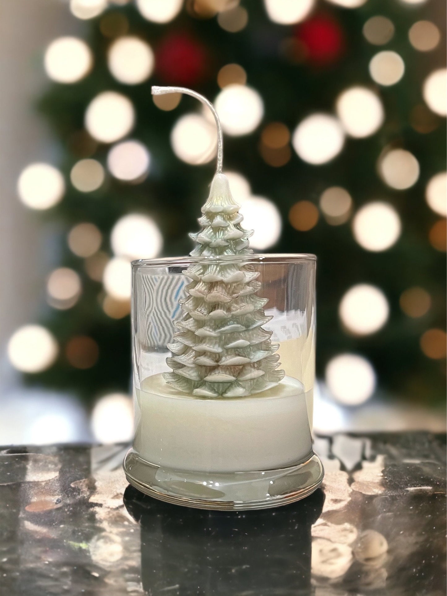 Frosted Christmas Tree Candle: Wintery Pine Scent, Green & Gold, 7 oz.