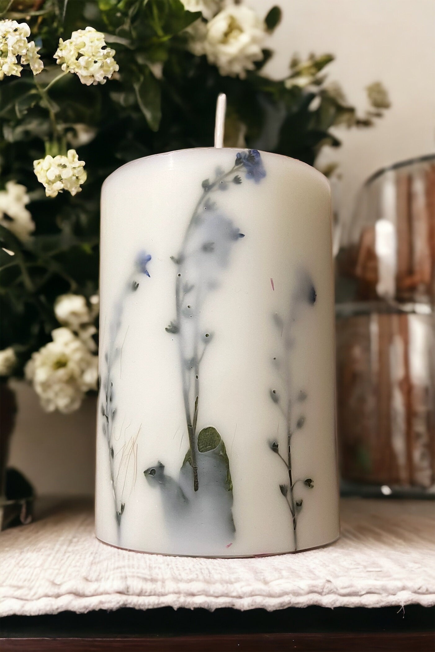 Pressed Forget Me Not Candle: Botanical Soy Wax Pillar Candle.