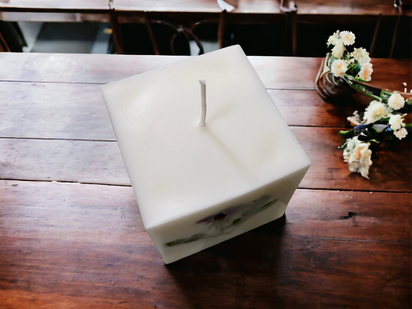 Pressed Rose Flower Candle: 3" Botanical Pillar Candle, Soy & Paraffin Wax.