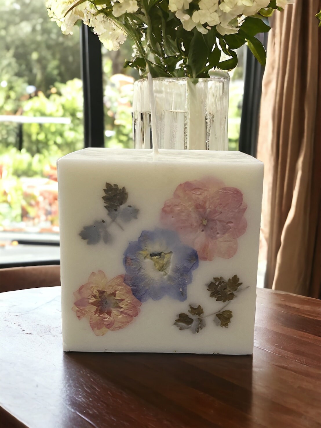 Cherry Blossom Botanical Candle: Hand Pressed Flower, 4" Square.