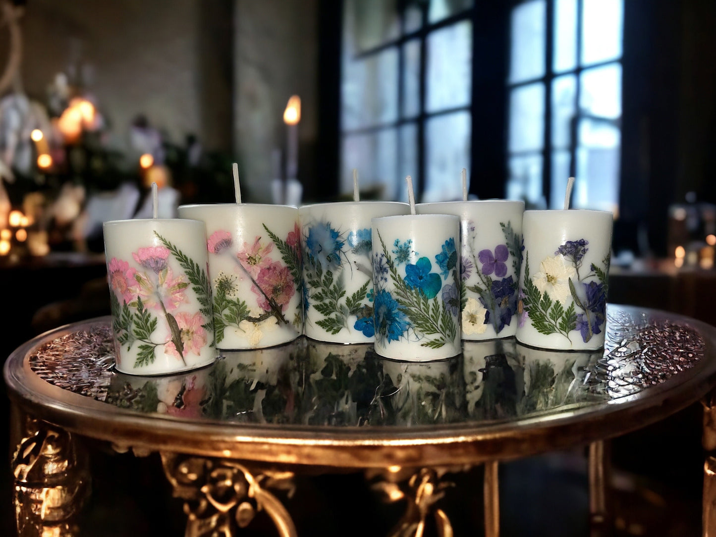 Handmade Botanical Pillar Candle Set, Real Pressed Flowers