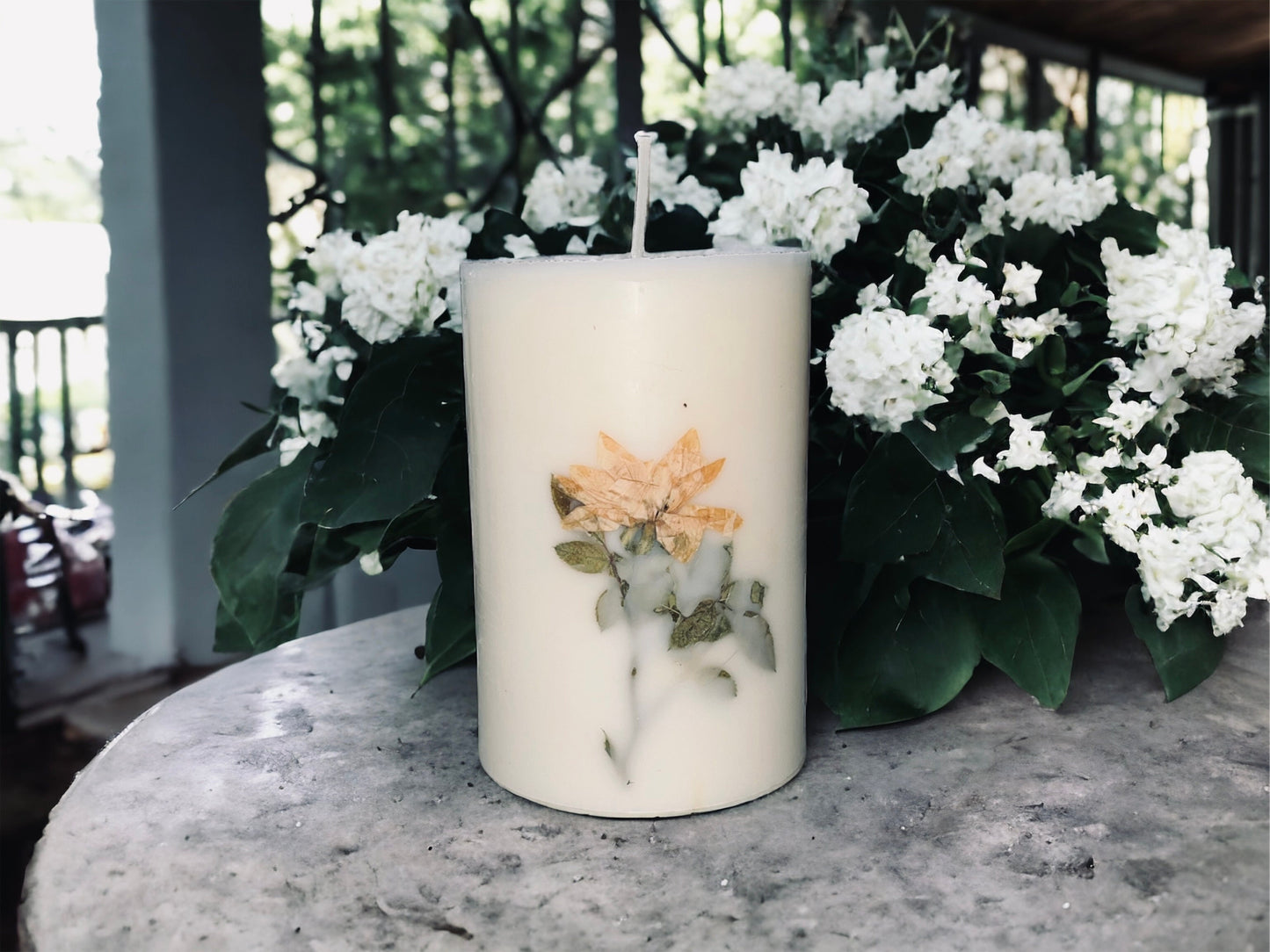 Yellow Rose on Stem Botanical Pillar Candle