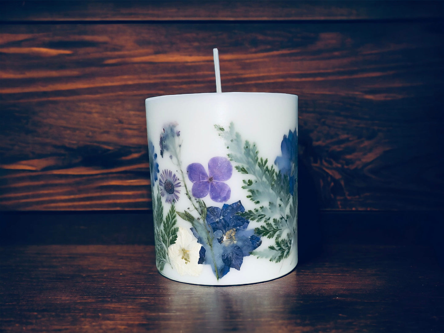 Purple Pressed Flower Botanical Pillar Candle