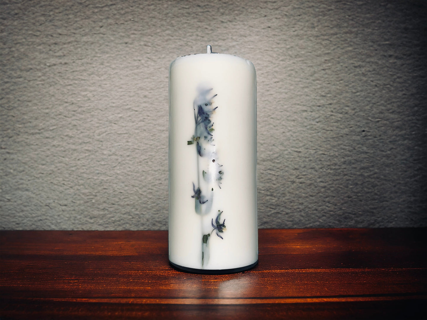 Dark Blue/White Pressed Mountain Wildcat Botanical Pillar Candle. Gifts under 15, Mother's Day, Birthday, Housewarming gift