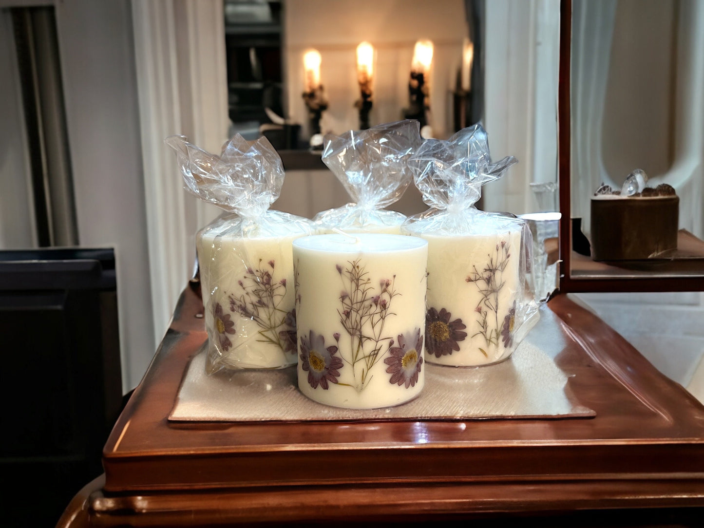 Purple Pressed Flower Pillar Candle: Botanical Soy Wax Candle (3.5").