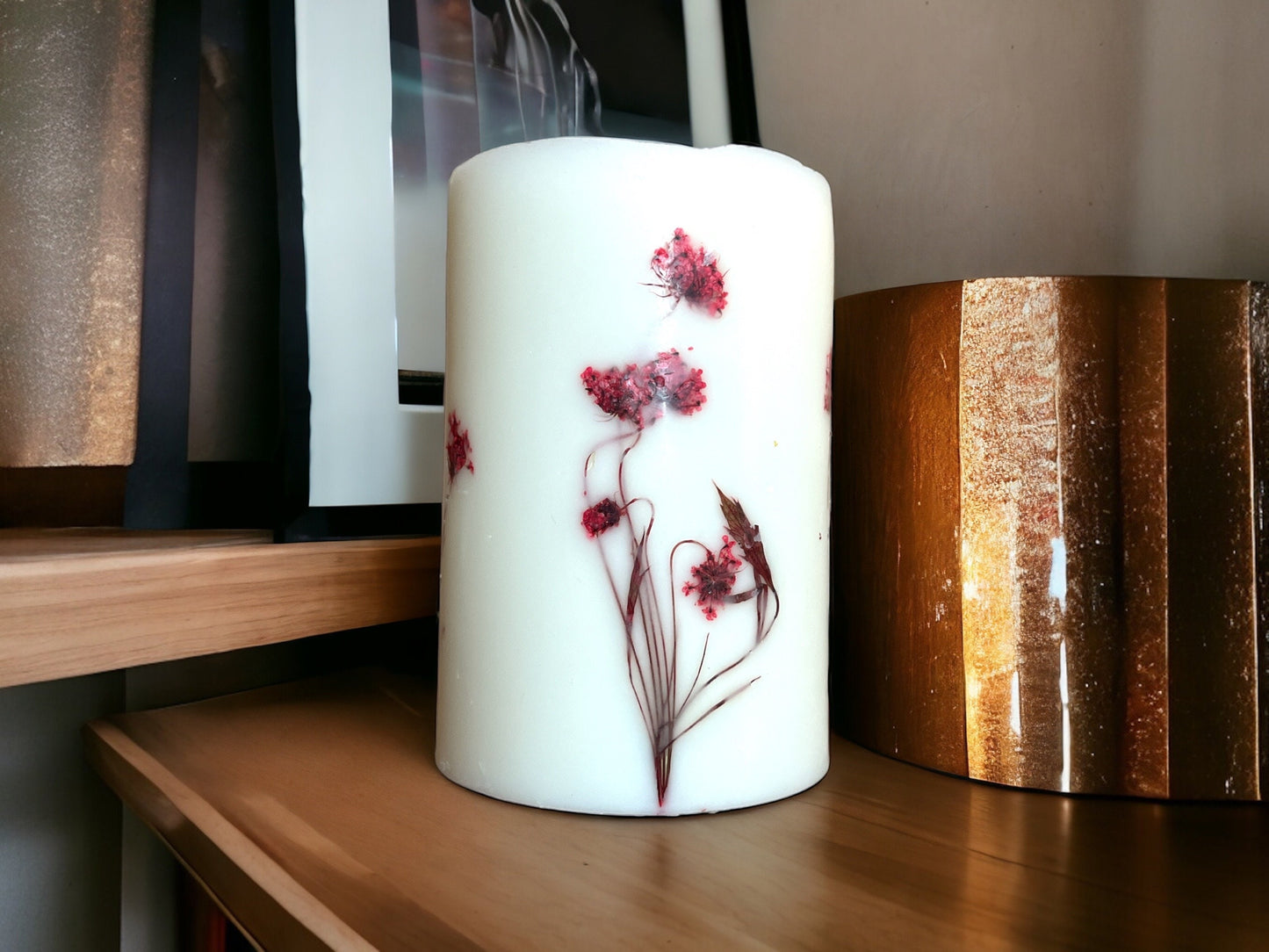 Red Pressed Anne's Lace Pressed Flower Botanical Pillar Candle