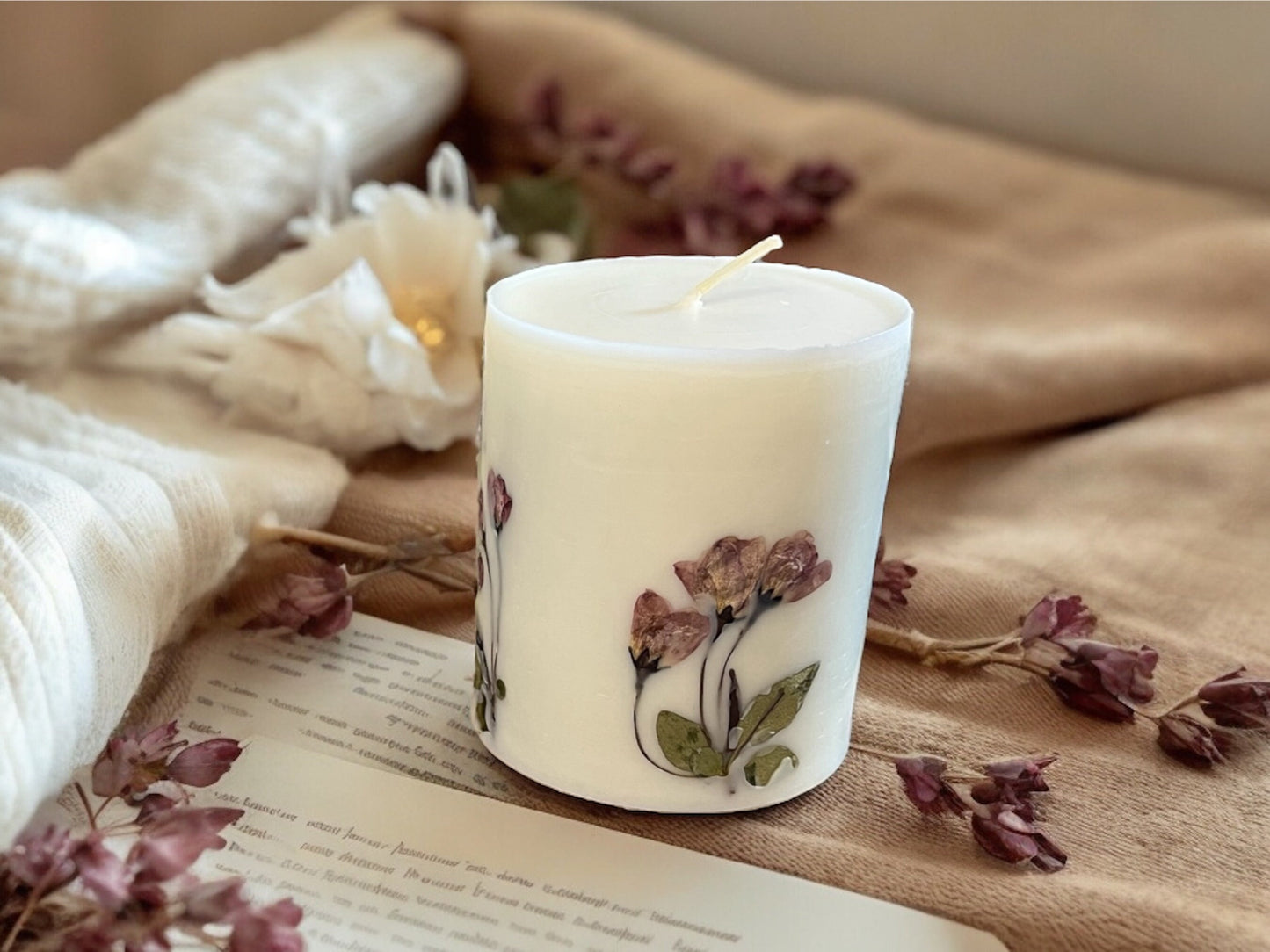 Botanical Pillar Candle: Begonia Pressed Flowers, Scented Candle