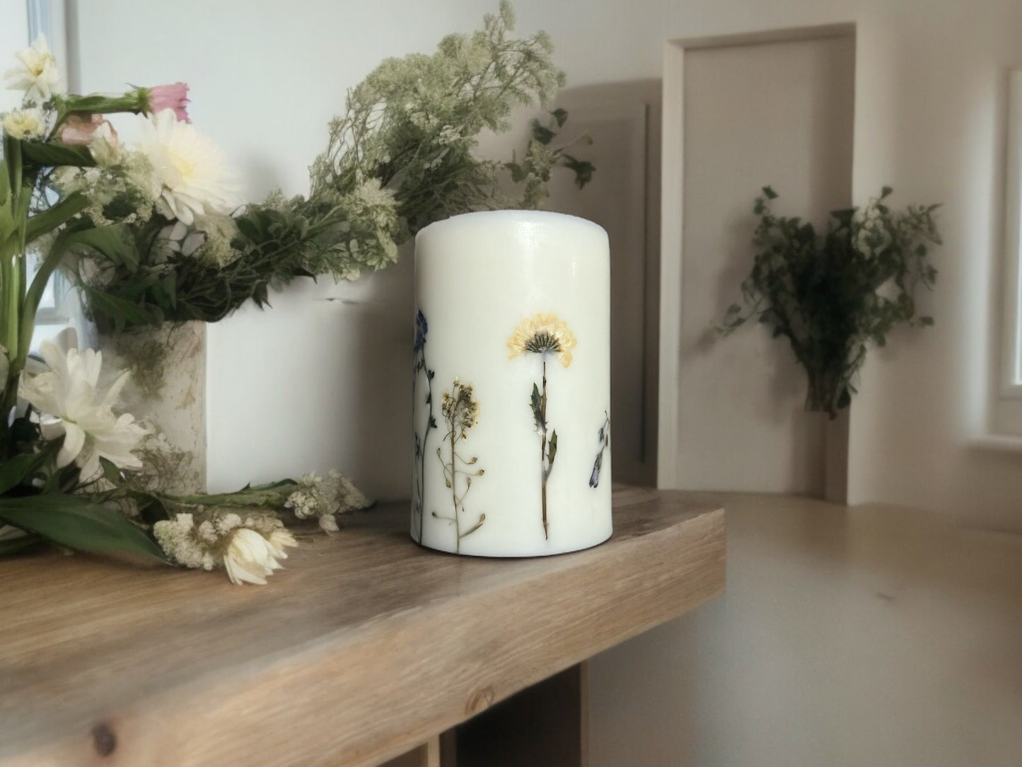 Handcrafted Wildflower Botanical Pillar Candle: Pressed Flower Candle.