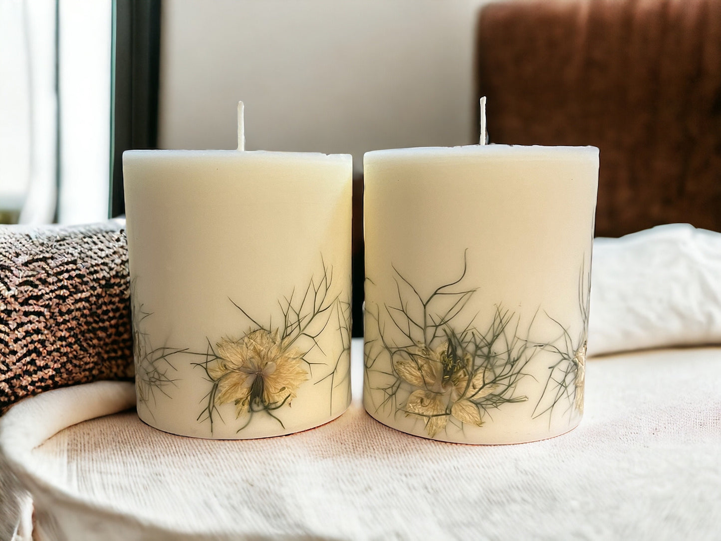 Pressed Nigella Flower Pillar Candle: Botanical Decor.