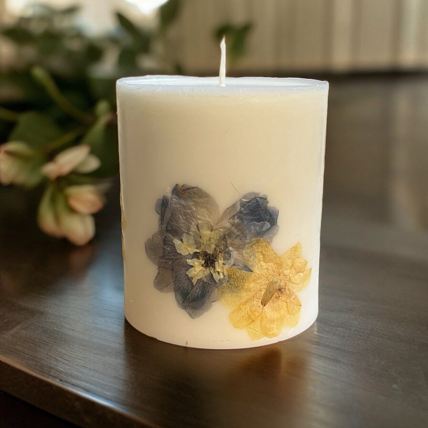Custom Botanical Pillar Candle: Real Pressed Flowers, Blue/Yellow.