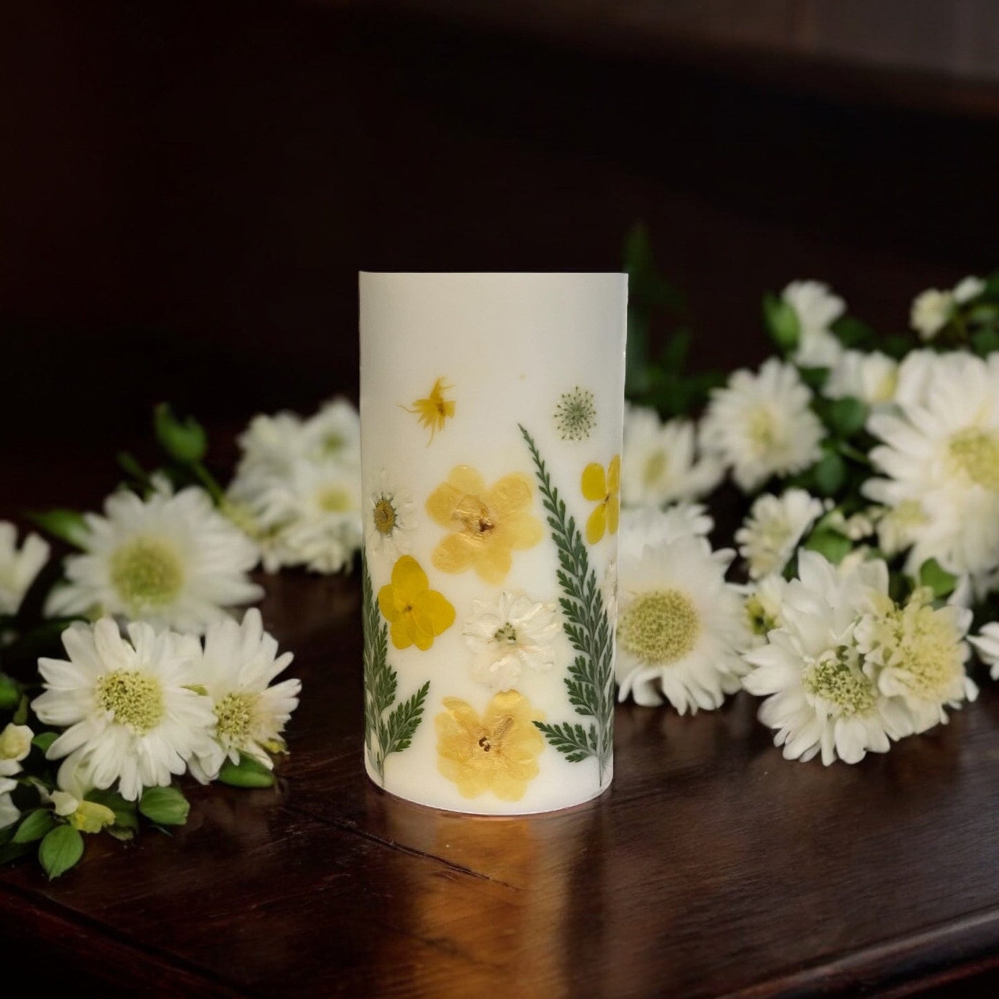 Pressed Flower Pillar Candle: Handmade Botanical Decor (3.5" x 6.5").