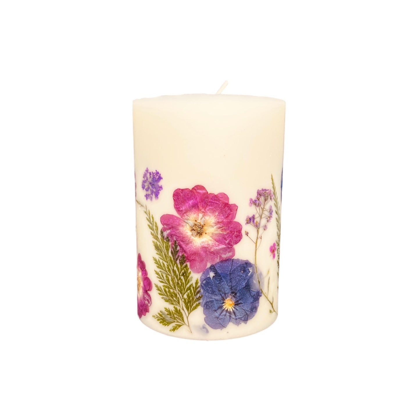 Handmade Pressed Flower Candle: Botanical Soy Wax Pillar (4.5").