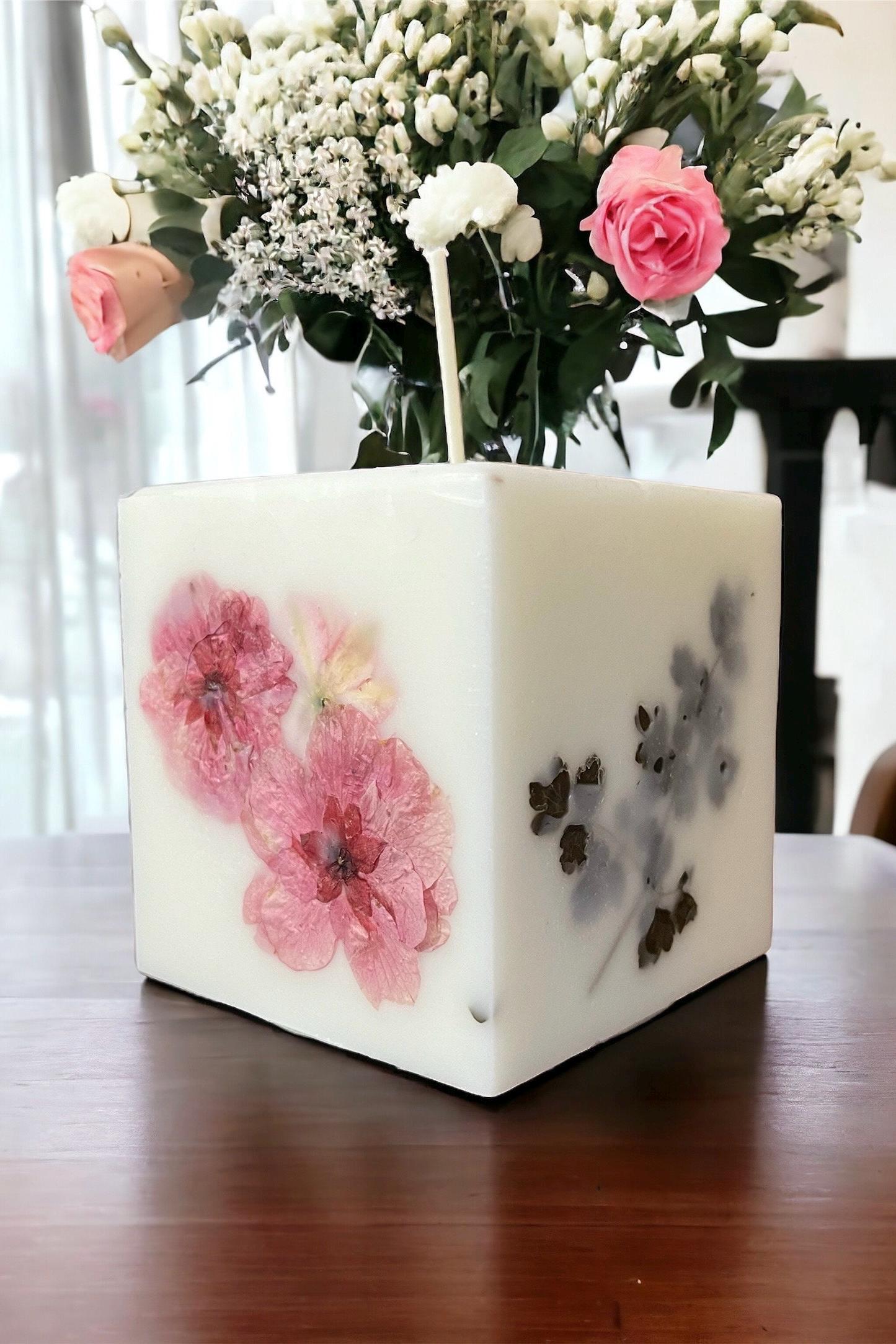 Cherry Blossom Botanical Candle: Hand Pressed Dried Flowers, 3 inch Pillar