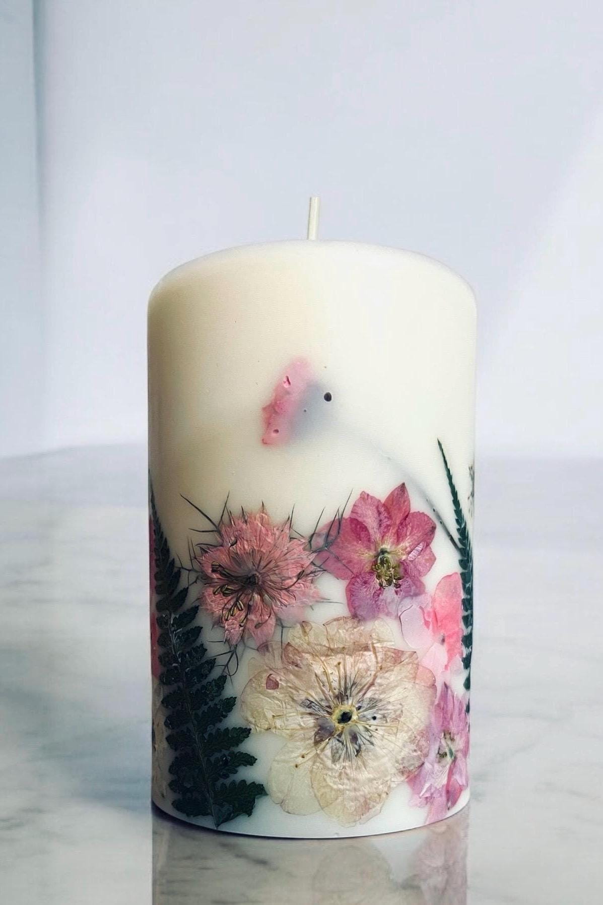 Handmade Pressed Flower Pillar Candle: Botanical Soy Wax Candle Pink/White/Cream/Green