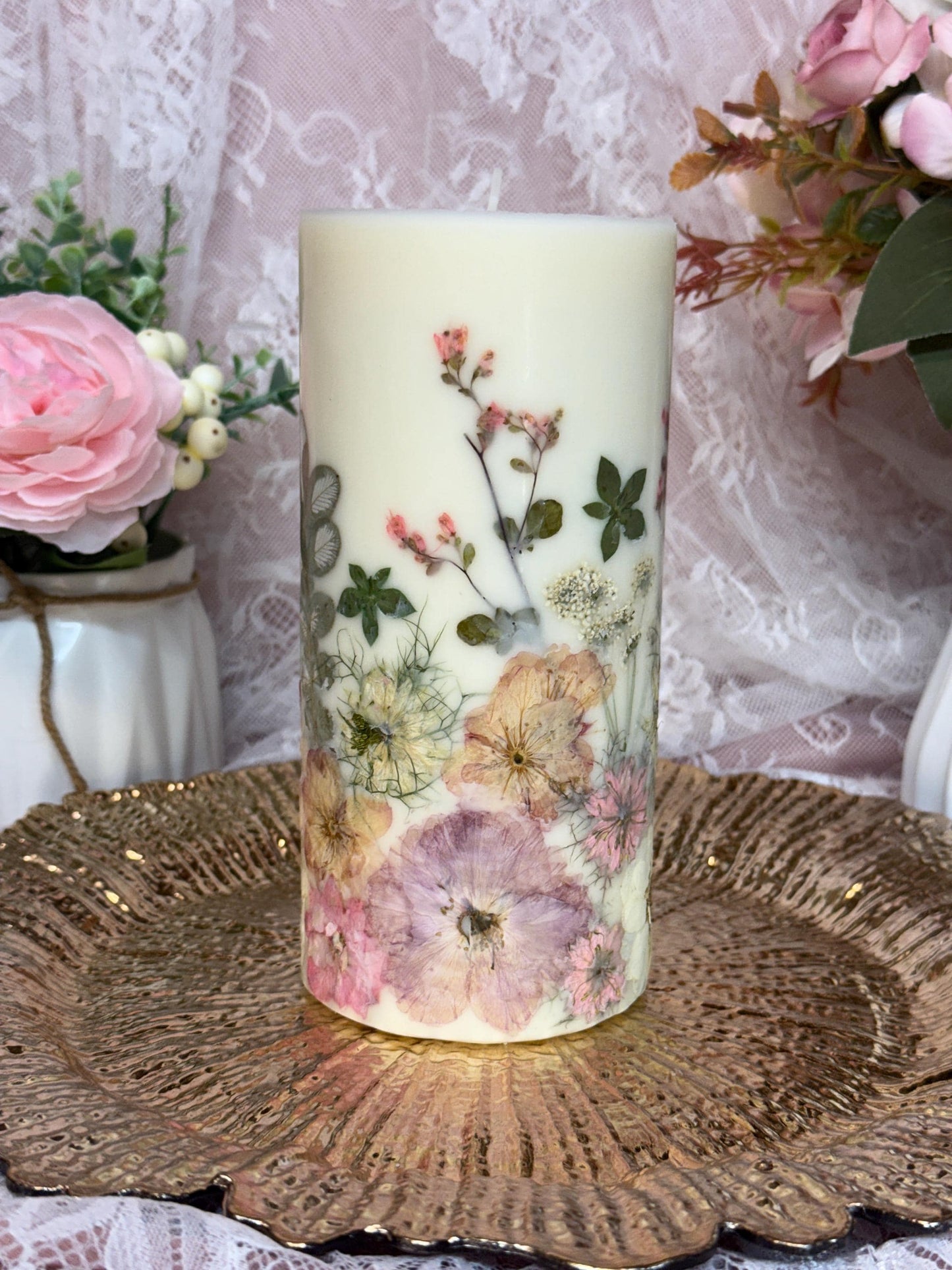 Pink/Cream 3.5-inch x 7-inch Pressed Flower Pillar Candle: 7" Botanical Soy Wax Candle