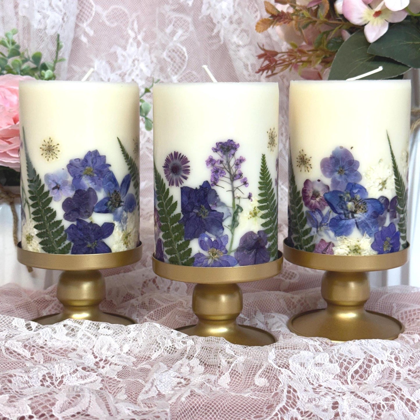 Handmade Purple/Violet Pressed Flower Pillar Candle: Botanical Soy Wax Candle