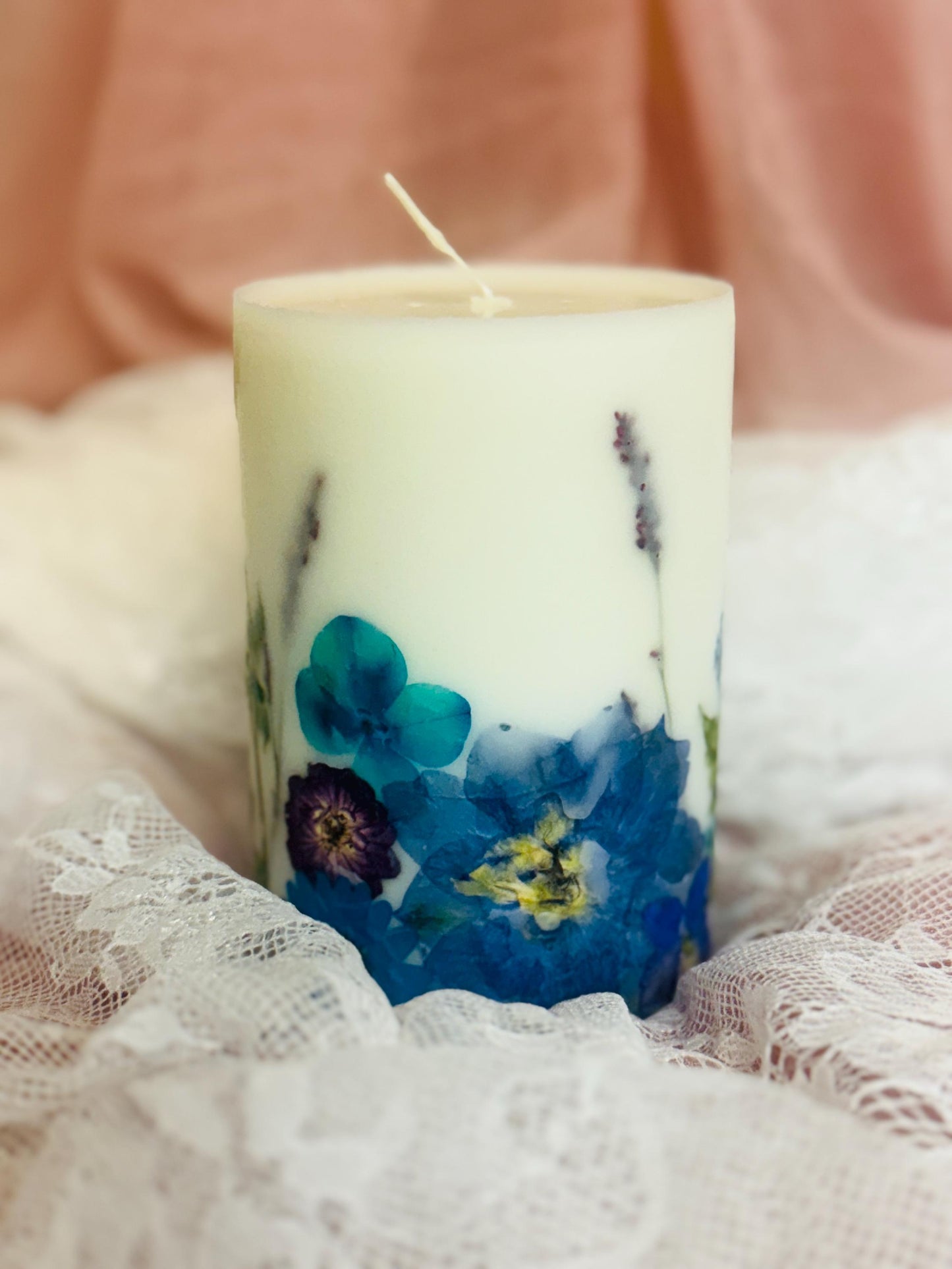 Pressed Flower Pillar Candle: Purple, Blue & Teal Botanical Candle.