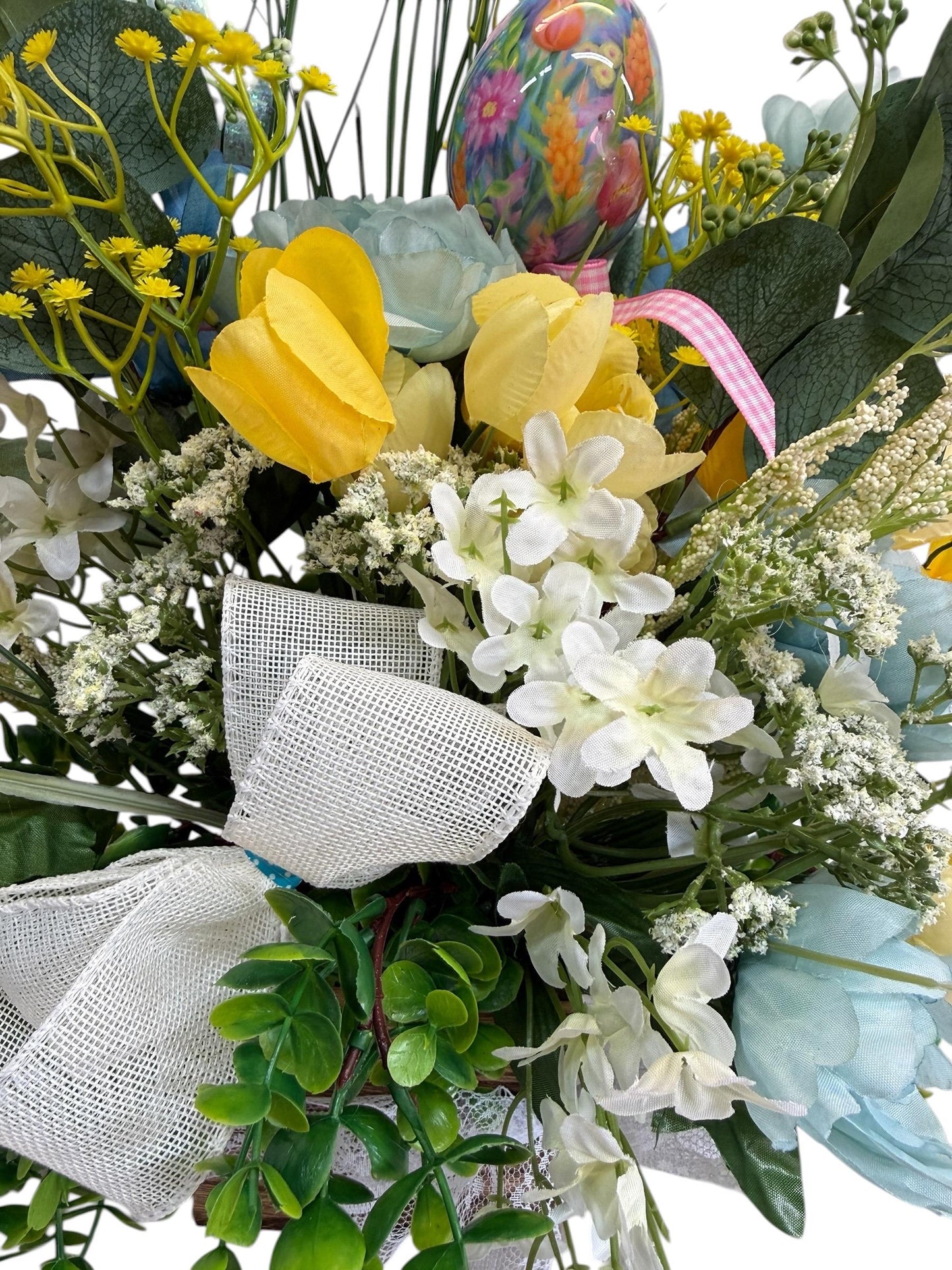Easter Spring Faux Floral Arrangement with Bow Centerpiece Decoration featuring Yellow, Light Blue and Greens.