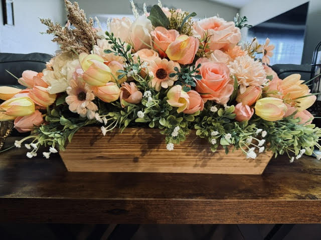 Faux Light Peach Pink Floral Arrangement in Wooden Box, Artificial Flower Decor, 28" x 21"