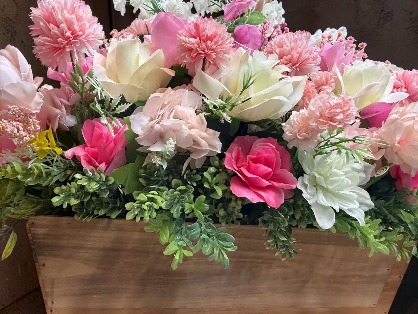 Faux Pink Floral Arrangement in Wooden Box, Artificial Flower Decor, 28" x 21" (Copy)
