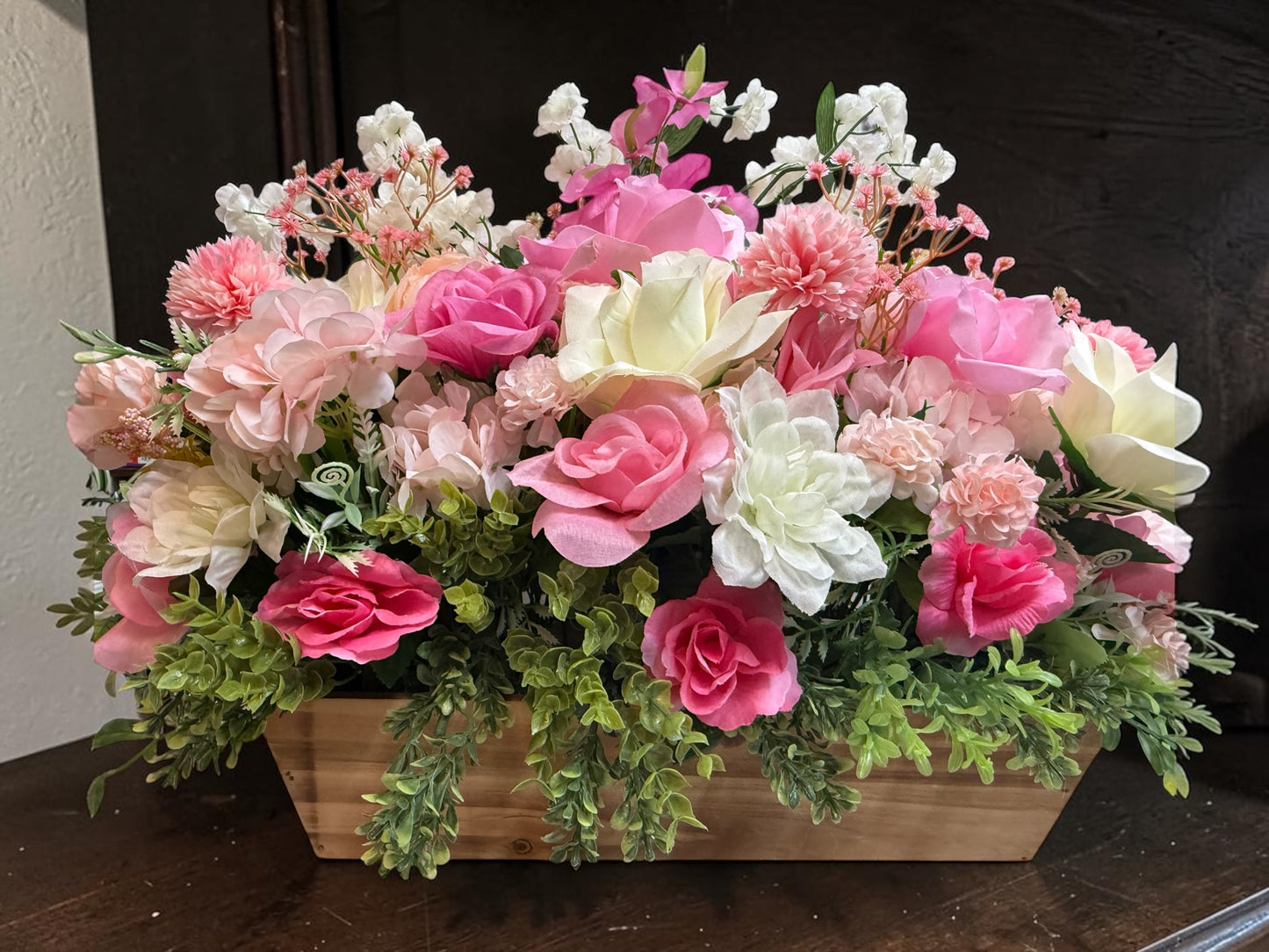 Faux Pink Floral Arrangement in Wooden Box, Artificial Flower Decor, 28" x 21" (Copy)
