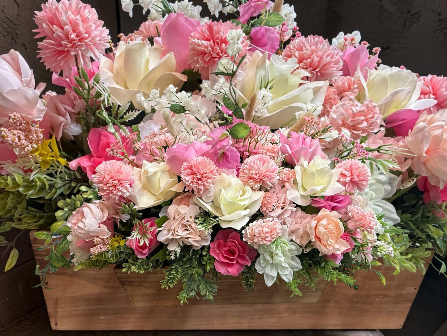 Faux Pink Floral Arrangement in Wooden Box, Artificial Flower Decor, 28" x 21" (Copy)