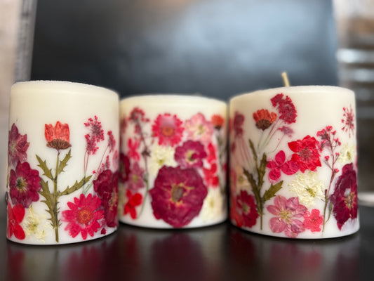 Red Pressed Flower Botanical Pillar Candle