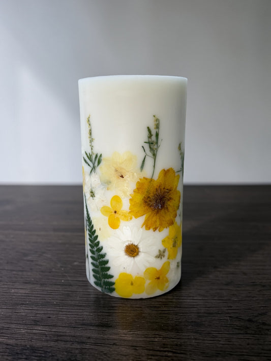 Yellow Pressed Flower Botanical Pillar Candle
