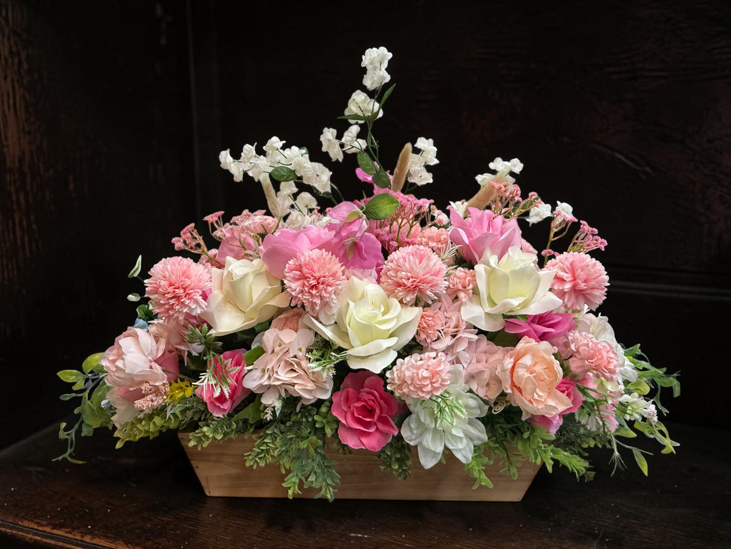 Faux Pink Floral Arrangement in Wooden Box, Artificial Flower Decor, 28" x 21" (Copy)