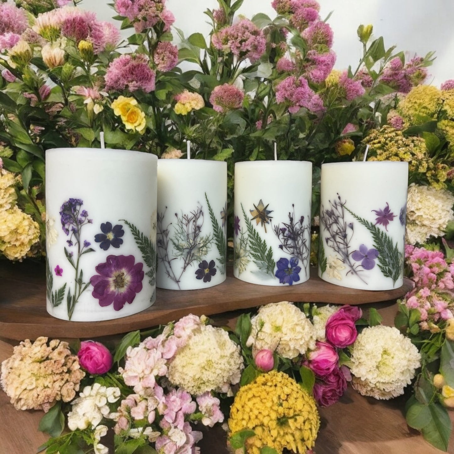 Berry Purple Pressed Flower Botanical Pillar Candle