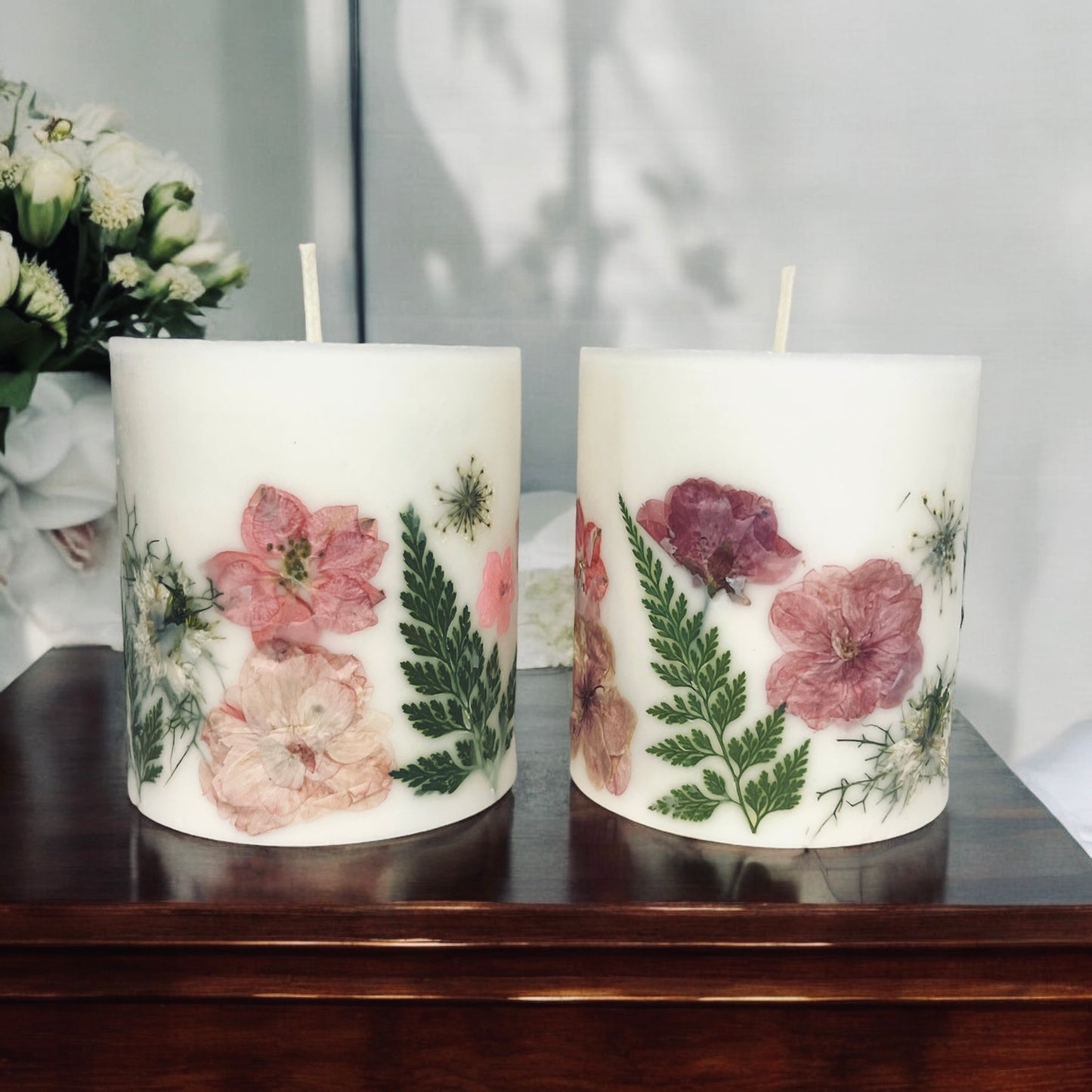 Pink Pressed Flower Botanical Pillar Candle