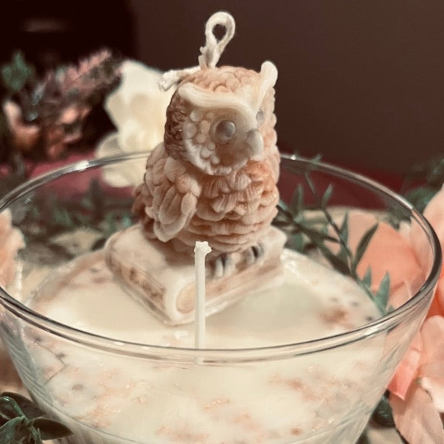 17 oz Owl Soy Candle with Dried Flowers and Mica.