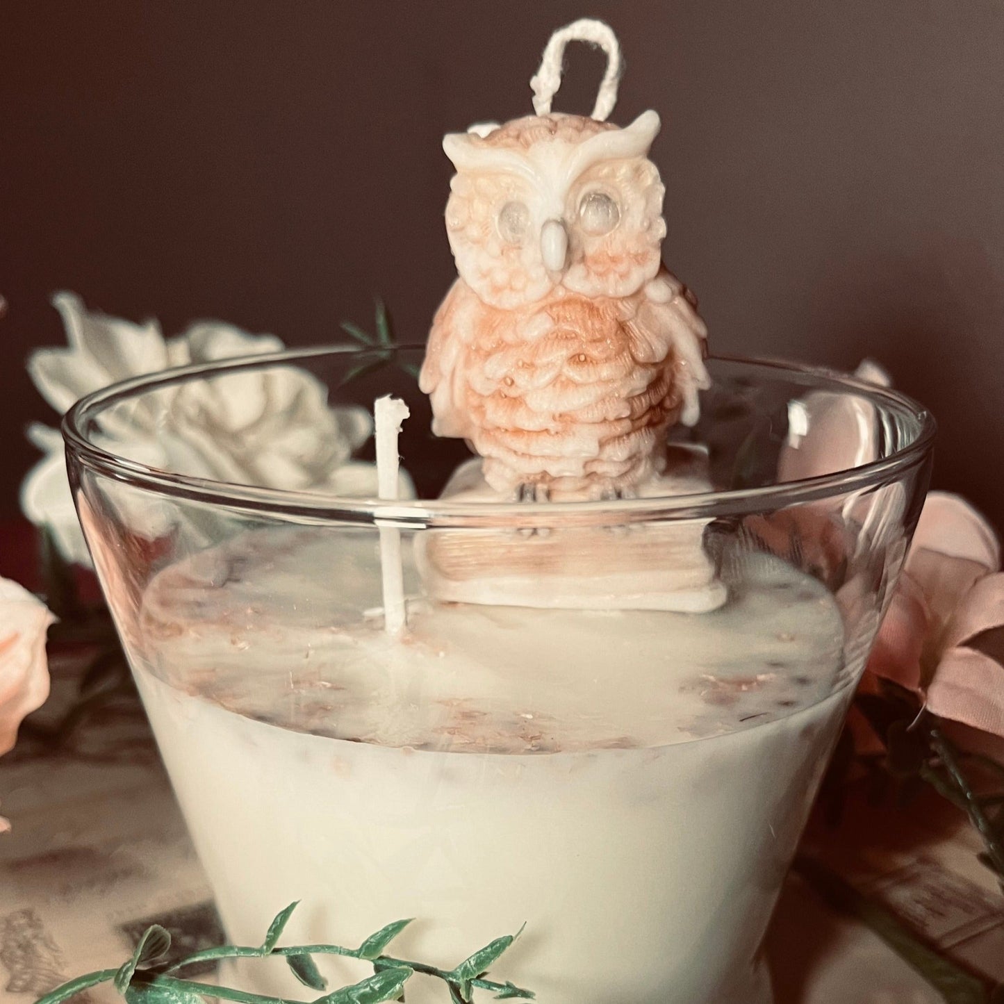 17 oz Owl Soy Candle with Dried Flowers and Mica.