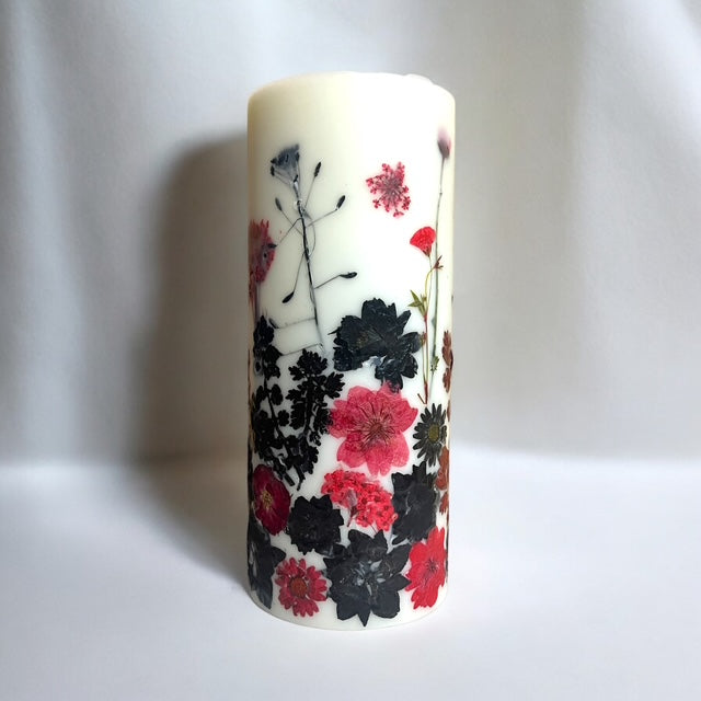 Red and Black Pressed Paraffin/Soy Dried Flower Botanical Pillar Candles