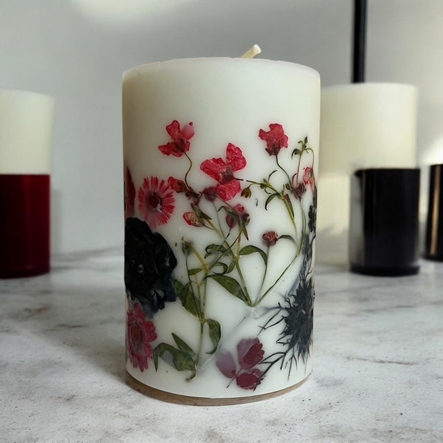 Red and Black Pressed Paraffin/Soy Dried Flower Botanical Pillar Candles