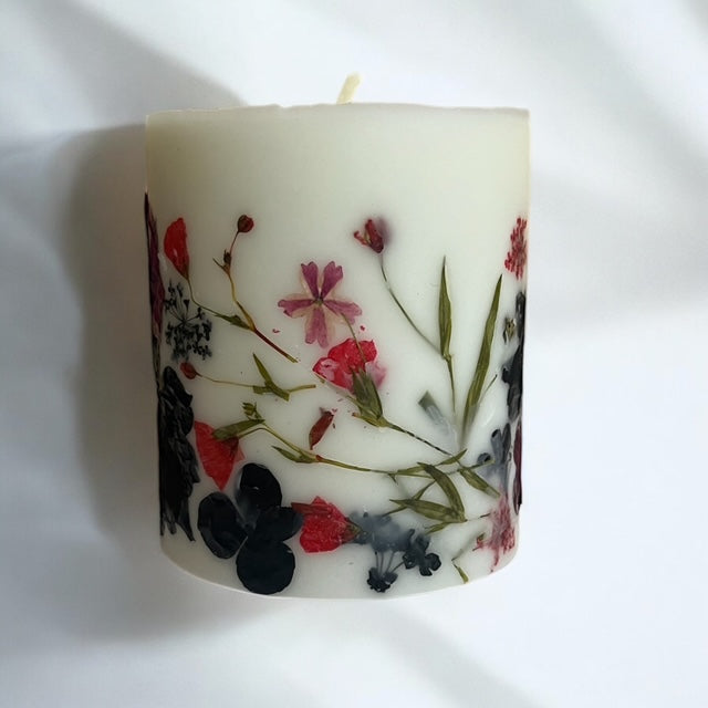 Red and Black Pressed Paraffin/Soy Dried Flower Botanical Pillar Candles