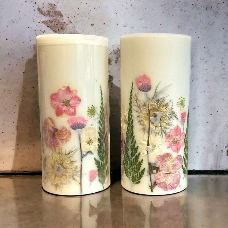 Pink Pressed Flower Botanical Pillar Candle