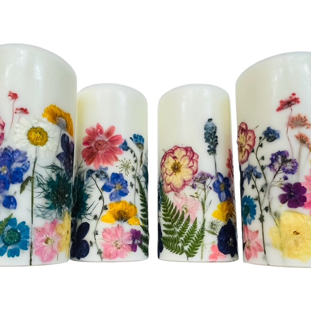 Vibrant Tropical Colored Pressed Paraffin/Soy Dried Flower Botanical Pillar Candles