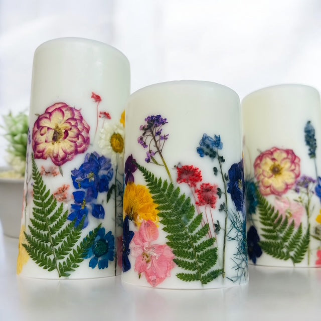 Vibrant Tropical Colored Pressed Paraffin/Soy Dried Flower Botanical Pillar Candles