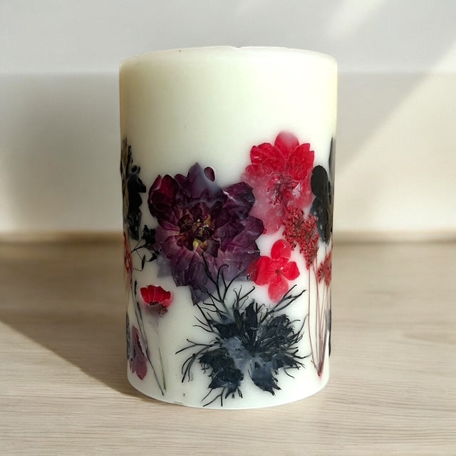 Red and Black Pressed Paraffin/Soy Dried Flower Botanical Pillar Candles