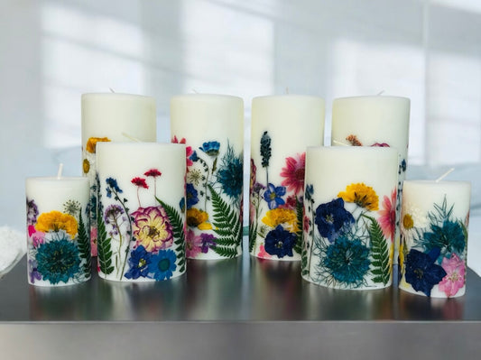 Vibrant Tropical Colored Pressed Paraffin/Soy Dried Flower Botanical Pillar Candles