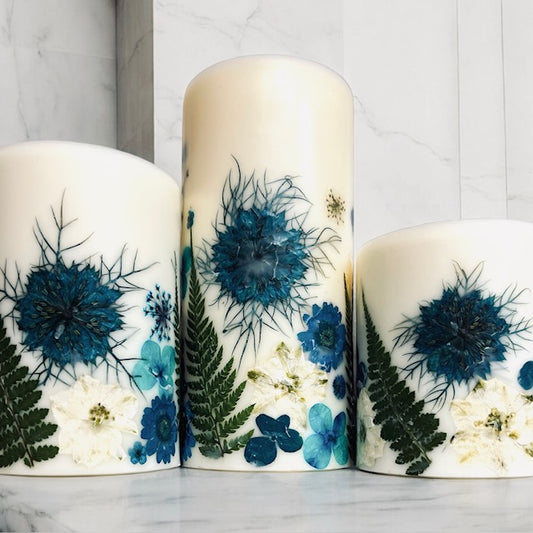 Blue Pressed Flower Botanical Pillar Candle