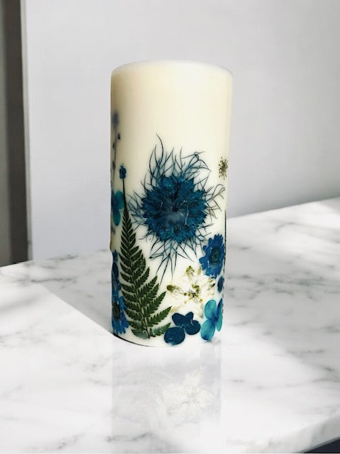 Blue Pressed Flower Botanical Pillar Candle
