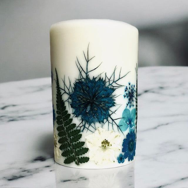 Blue Pressed Flower Botanical Pillar Candle